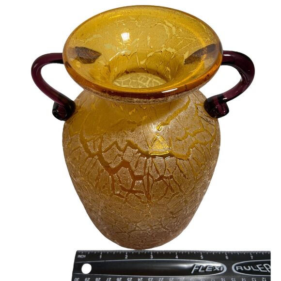 Vintage Hand Blown Art Glass Handled Vase Frosted Crackle Textured Brown Rare - Picture 10 of 10